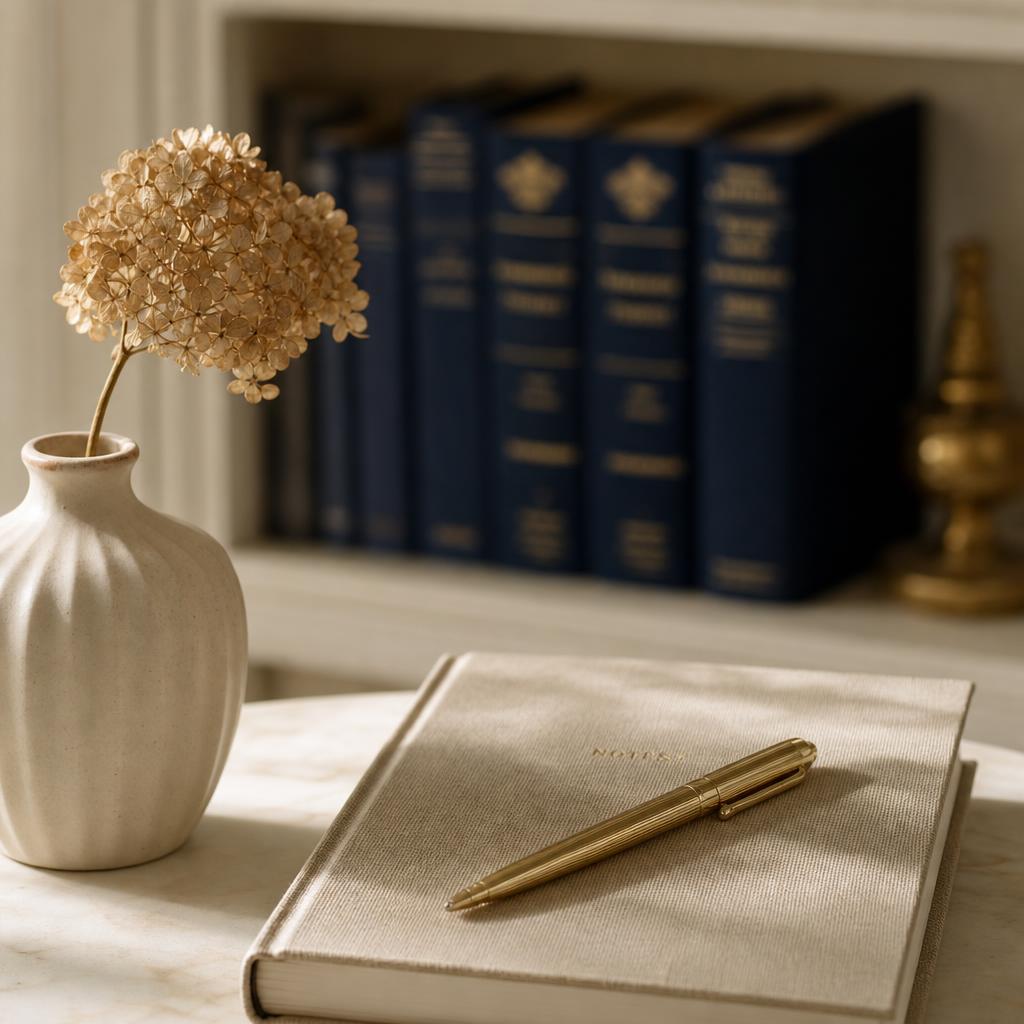 Coin bureau élégant avec un cahier, un stylo doré et un pot de fleur